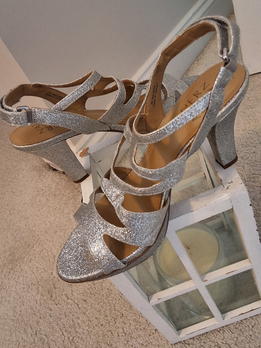 Naturalizer, 8Medium, Woman's Silver Glitter Strappy High Heel Sandals - Picture 1 of 8